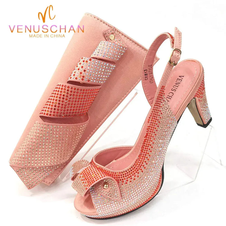 Venus Chan Newest INS Style Peach Color Rhinestone Elegant High Heels Nigeria Popular Design African Ladies Shoes And Bag Set Beauty hair & fashionfj