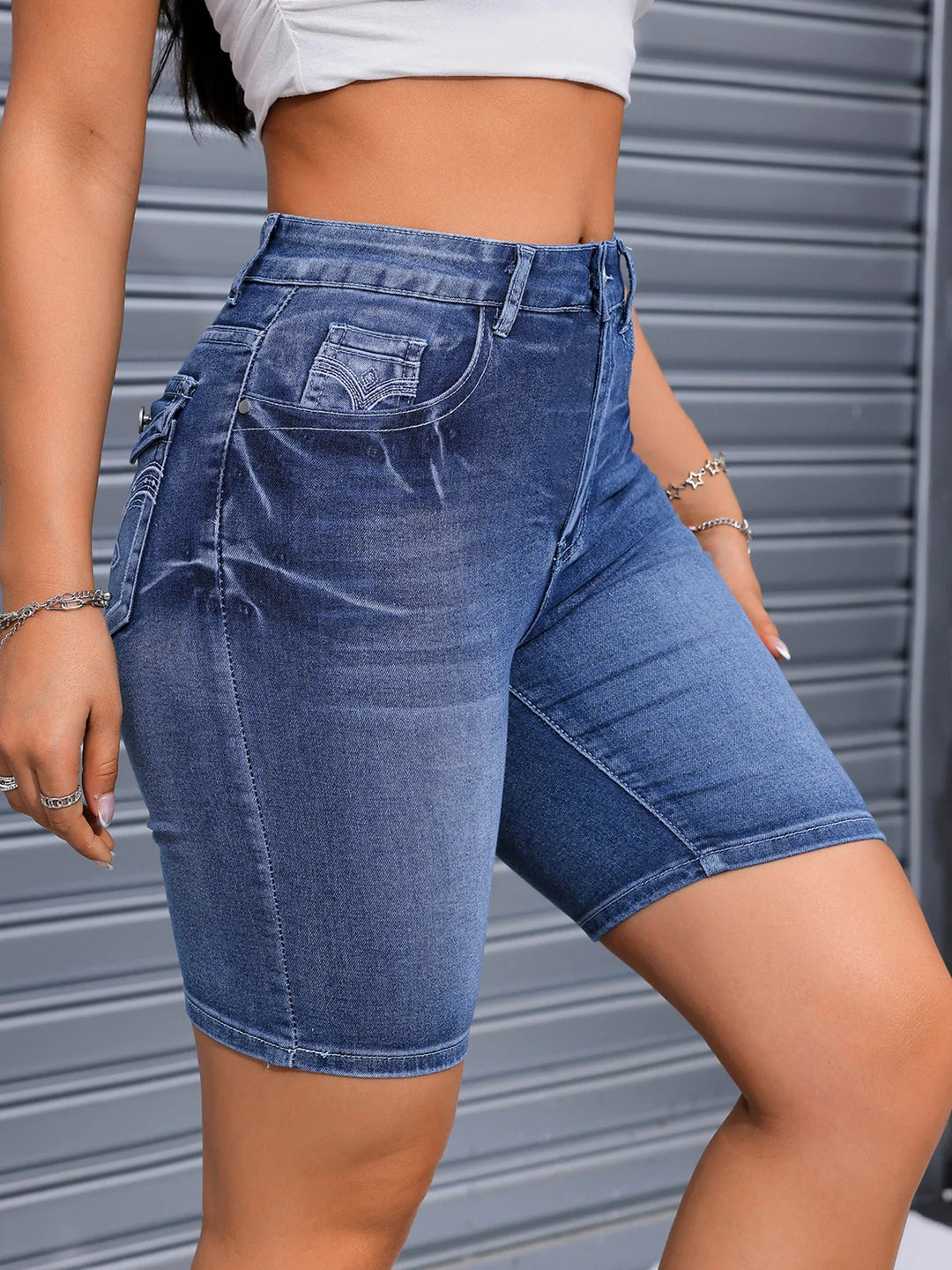 2025 Summer New High Stretch Slim Fit Denim Shorts For Women Fashion Embroidery Knee Length Skinny Jeans Shorts Casual Clothes Beauty hair & fashionfj
