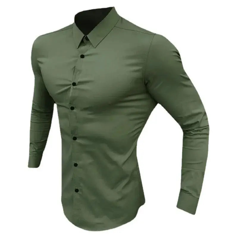 Men's Shirt Fashion Full Sleeve Shirt Men's Muscle Casual Slim-fit Business Dress Solid Color Shirt Men's Gym Fitness Men Shirt Beauty hair & fashionfj