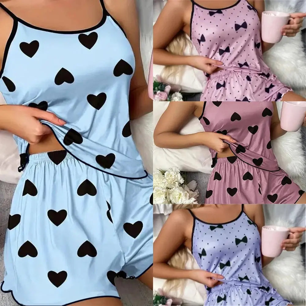Women's Pajama Set Pajamas T-Shirts Shorts Pink Heart-Shaped Print Round Neck T-Shirt Ice Silk Top Comfortable Casual Summer ﻿ Beauty hair & fashionfj