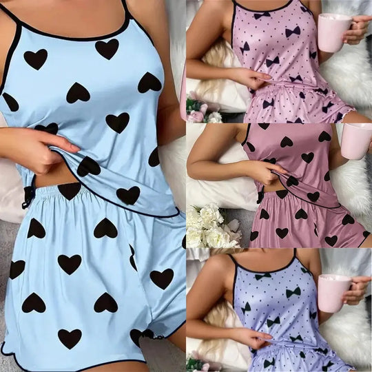 Women's Pajama Set Pajamas T-Shirts Shorts Pink Heart-Shaped Print Round Neck T-Shirt Ice Silk Top Comfortable Casual Summer ﻿ Beauty hair & fashionfj
