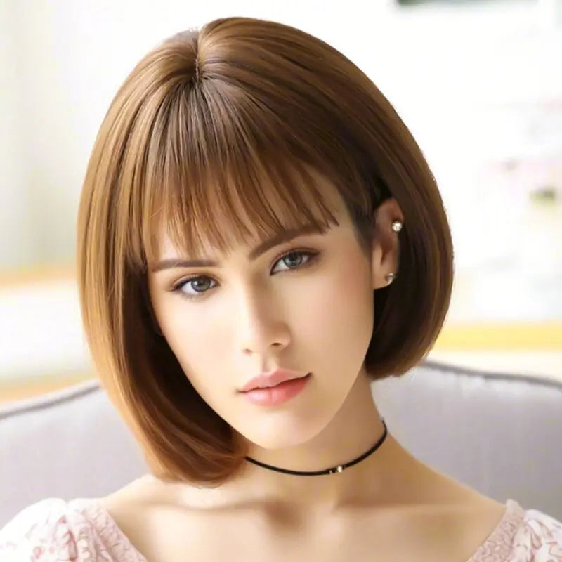 12 Inch Women's Fashionable Bob Wig - Natural Straight Hair , Heat Resistant Synthetic Fiber, Suitable for All Ethnicities