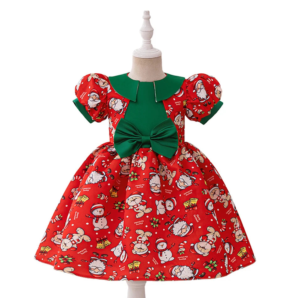 Christmas Dresses Girl Cartoon Print Princess Dress Children Red and Green Sequined Mesh Puff BalL Gown Carnival Clothes