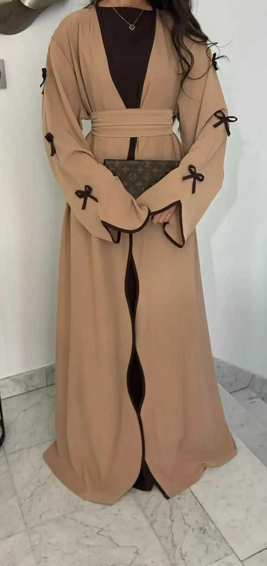 Women Muslim Arab Bow Round Neck Gown Long Sleeves Corset Ramadan Elegant Loose Cardigan Beauty hair & fashionfj