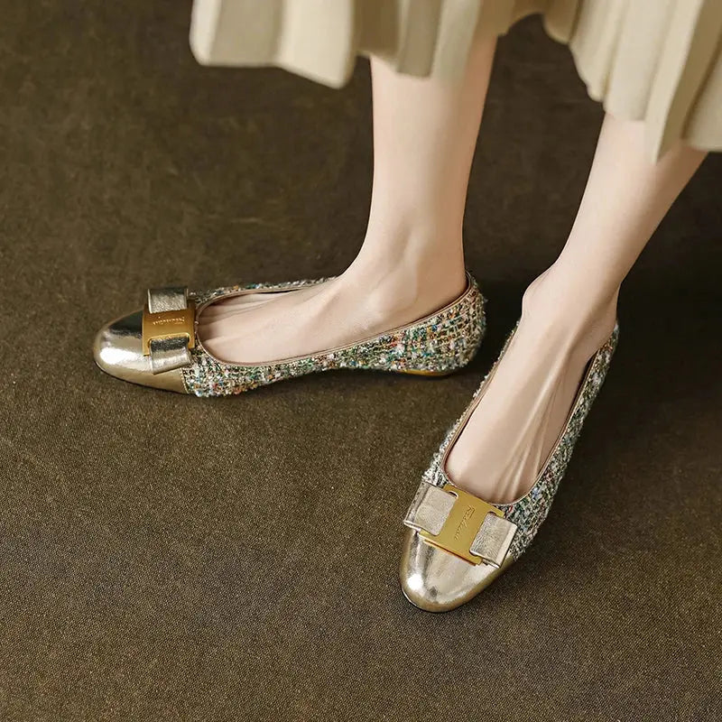 Elegant Flats Women 2025 Cow Leather Shoes Gold Bowtie Big Size 43 Spring Low Heels Slip On Pointed Toe Comfortable Footwear Beauty hair & fashionfj