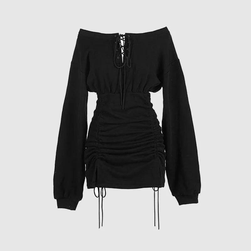 Off Shoulder Long Sleeve Pleated Women Sheath Dress 2023 Spring Autumn Street Style Hot Girl Dress Sexy Short Party Dresses
