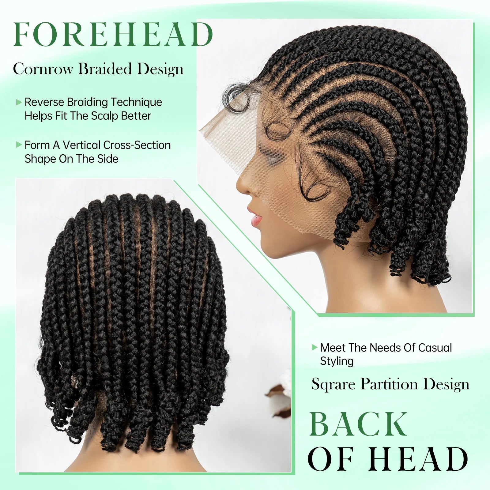 8 inches Cornrow Synthetic Crochet Braided Bob Wigs Full Lace Synthetic Short Natural Straight Wigs with Braids for Black Women