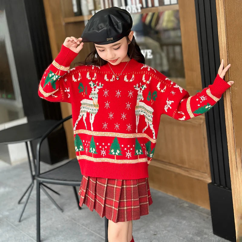 Christmas teen Girls clothes Set red Deer Sweater+plaid pleated skirt 2pcs 4-14 junior kids suit children outfits ensemble fille