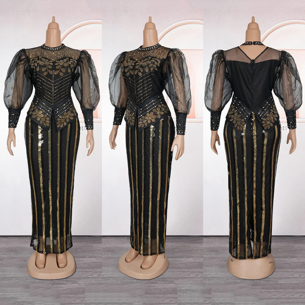 Elegant African Dresses for Woman 2025 New Sequined Diamond Plus Size Luxury Evening Party Dashiki Ankara Outfits Robes Clothes Beauty hair & fashionfj