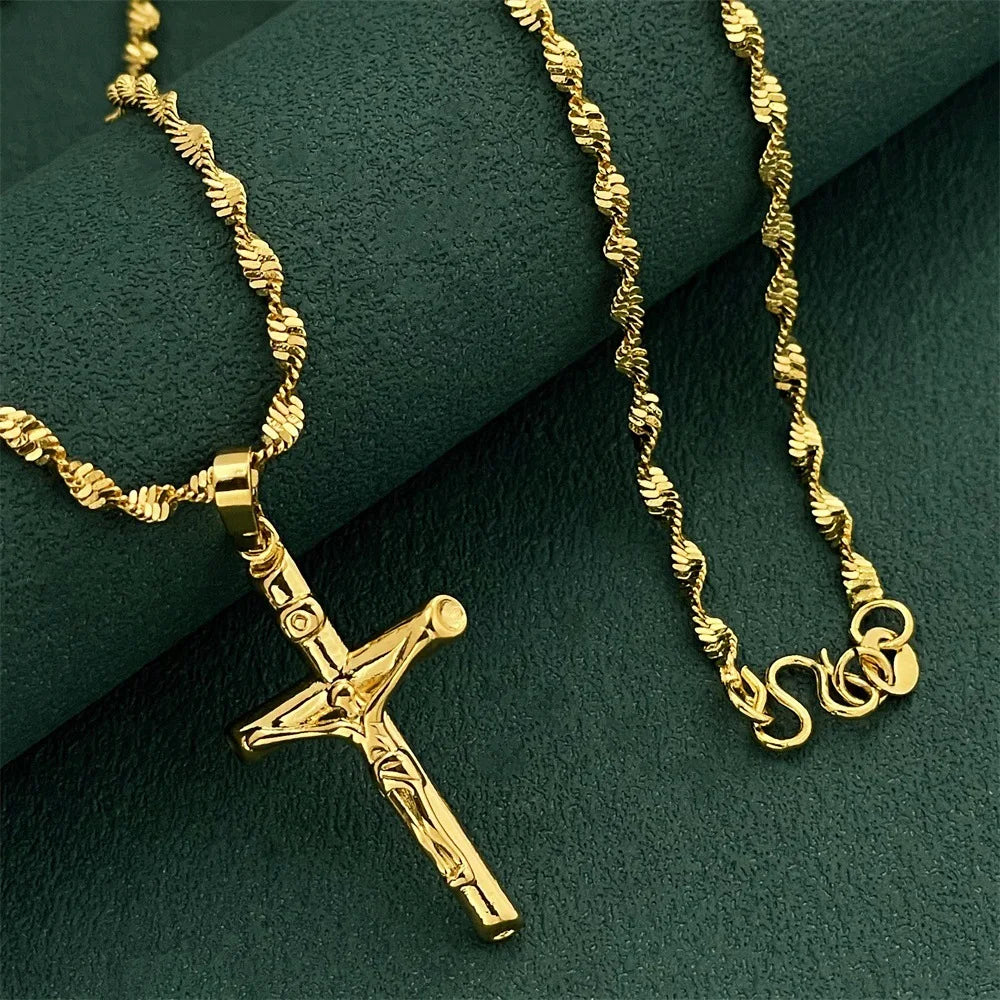 24K Gold AU999 Necklace | 3D double - layer cross, stacked with pearl chain, elegant & layered