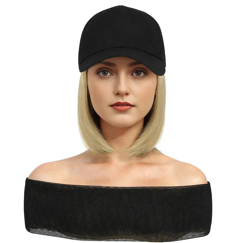 Fashion 8inch Hat Wigs Black Golden Synthetic Short Bob Straight Wig With White Black Baseball Cap Adjustable Hat Wigs For Women Beauty hair & fashionfj