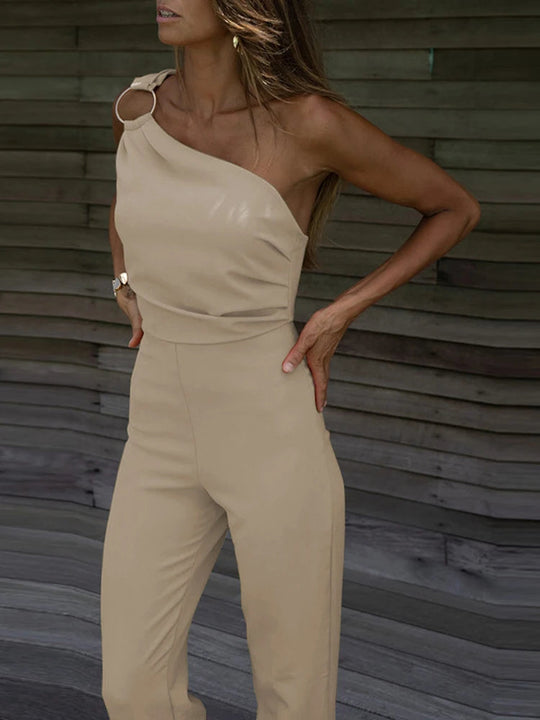 Sexy Backless Sleeveless Jumpsuit Summer Women Elegant Diagonal Collar One Shoulder Playsuits Fashion Solid Slim Ladies Rompers Beauty hair & fashionfj