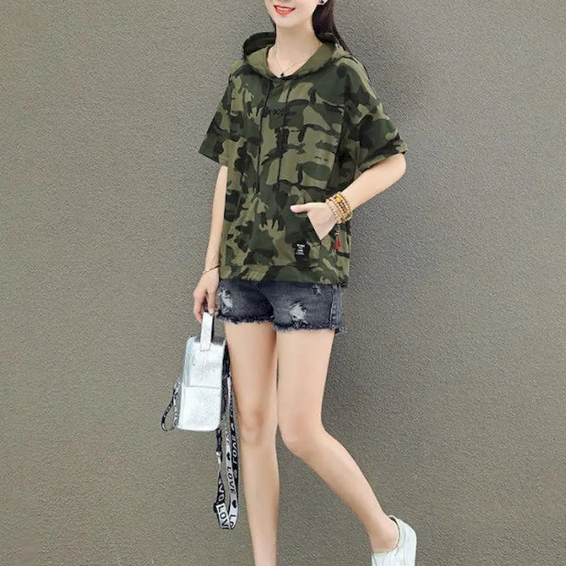 Hooded T-shirt Women Camouflage Short-sleeved Cotton T Shirt Summer Korean Style Tops Loose Thin Camouflage Uniform Student Tops Beauty hair & fashionfj