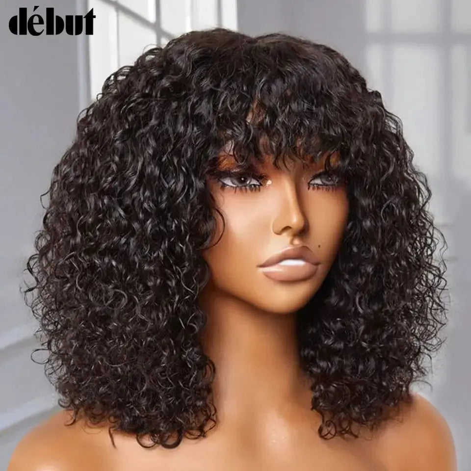 Fringe Bang Wig With Deep Wave Human Hair Water Wave Natural  Deep Curly Brazilian Hair Wigs 180% Density For Women Beauty hair & fashionfj
