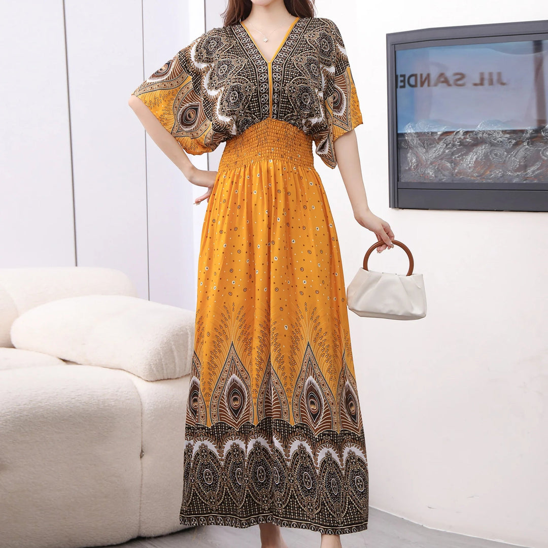 Summer Trend Ethnic V-Neck Printed Women's Dress Vintage Elegant Batswing Sleeves Elastic Waist Large Swing Casual Holiday Dress Beauty hair & fashionfj