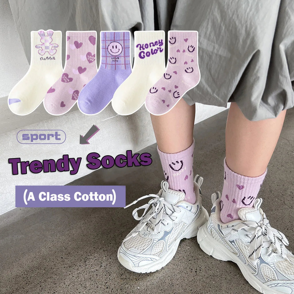 5 Pairs Girls Socks Cotton Socks Spring Autumn Letter Pattern Calf Socks A Class Sporty Socks