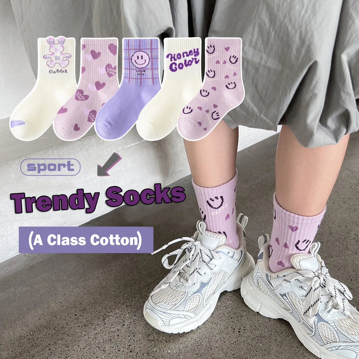 5 Pairs Girls Socks Cotton Socks Spring Autumn Letter Pattern Calf Socks A Class Sporty Socks
