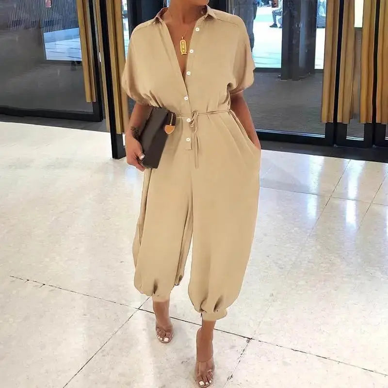 Women's New Jumpsuit Long Fashionable Leopard Print Jumpsuit Women's Retro Short Sleeved Button Casual Loose Pants Jumpsuit Beauty hair & fashionfj