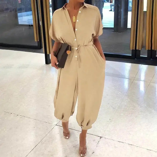 Women's New Jumpsuit Long Fashionable Leopard Print Jumpsuit Women's Retro Short Sleeved Button Casual Loose Pants Jumpsuit Beauty hair & fashionfj