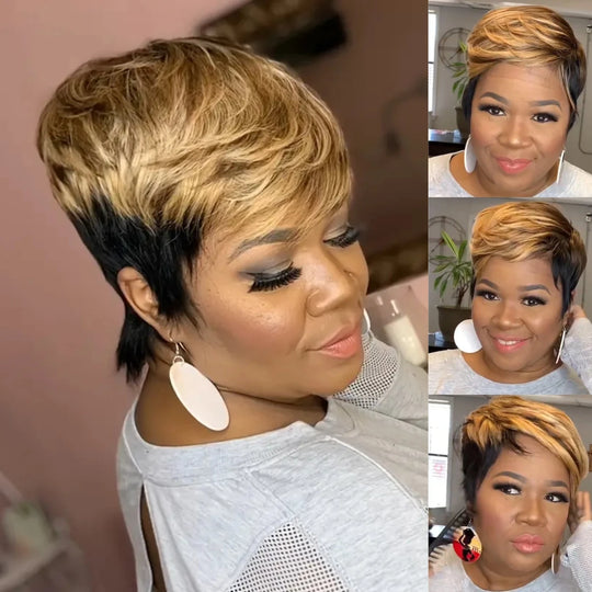 WIGERA Highlight Synthetic Short Straight Pixie Cut Hair Bob Wig Ombre Honey Blonde Mix Black Bronw Layered Hair Wigs For Woman