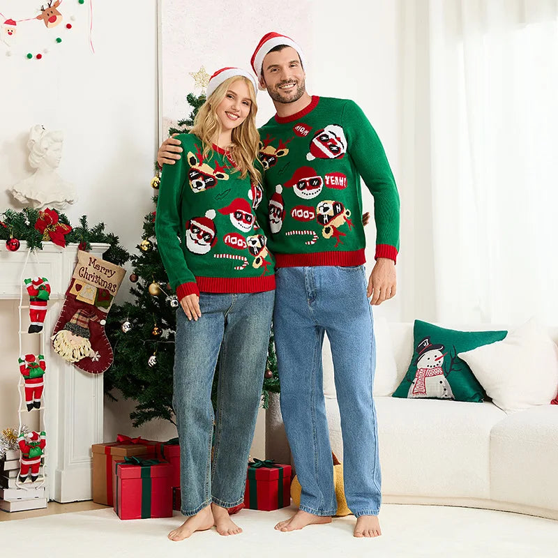 Christmas Family Look Sweater Full Sleeve O Neck Knitwear Cartoon Cute Jacquard Jumpers Parent-child Matching Outfits Xmas Wear