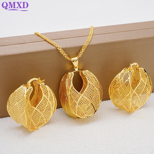 Fashion Dubai Jewelry Sets Gold Color Pendant Copper Classic Earrings Necklace For Women Daily Wear Party Anniversary Gifts