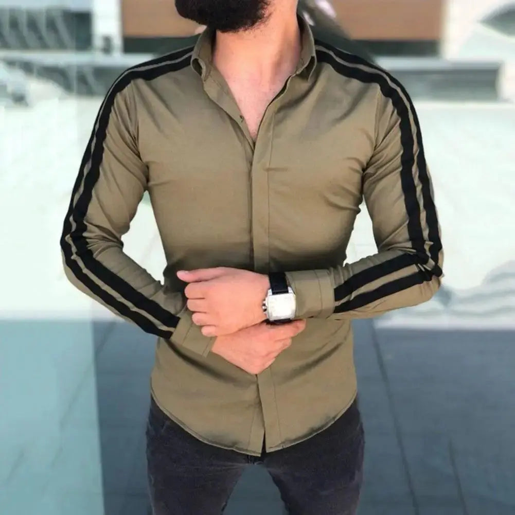 Long Sleeve Turn-down Collar Men Shirt Button Cuffs Side Striped Slim Office Shirt Leisure Clothing Casual Shirt korean popular Beauty hair & fashionfj