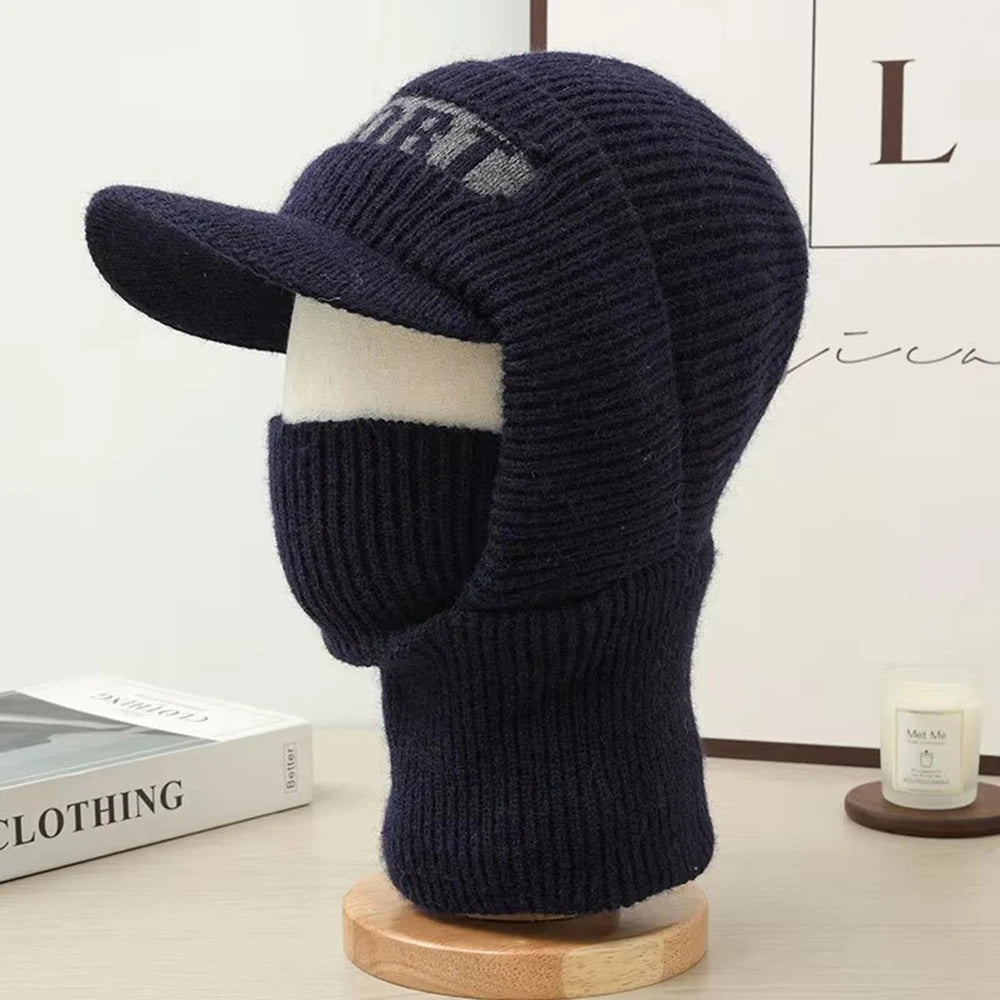 Winter Knitted Hat For Men Women With Ear Protection Integrated Mask Scarf  Couples Windproof Warm Headgear Travel Hat Black