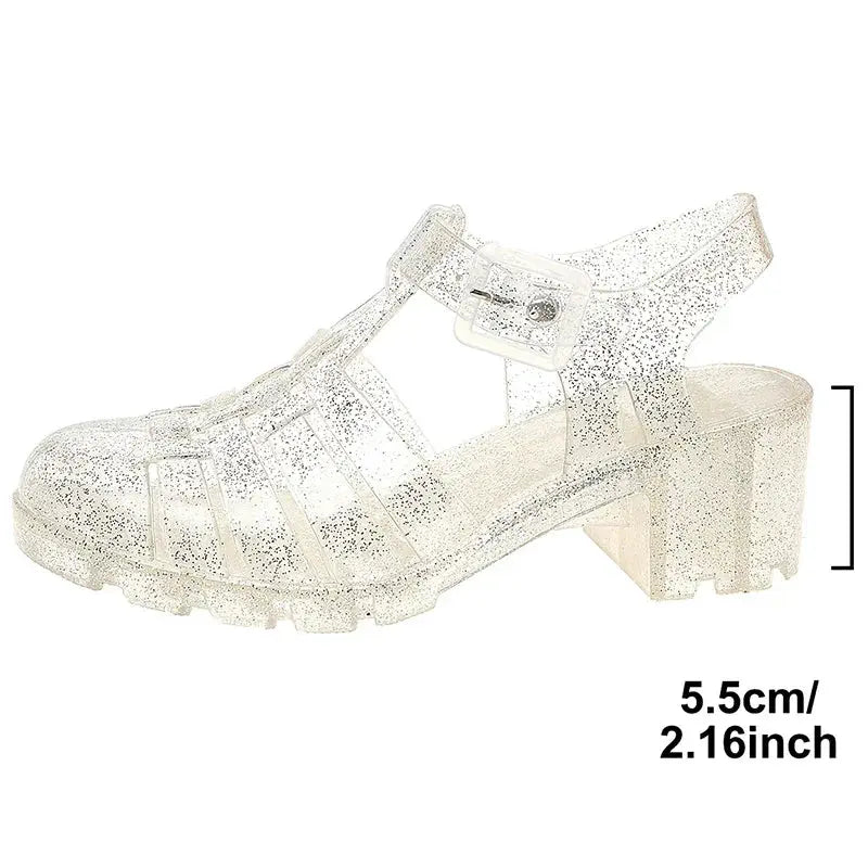 2025 New High Heels Transparent Sandals Women Summe Sequins Thick Heeled Rome Sandalias Mujer Closed Toe Beach Sandles Woman Beauty hair & fashionfj