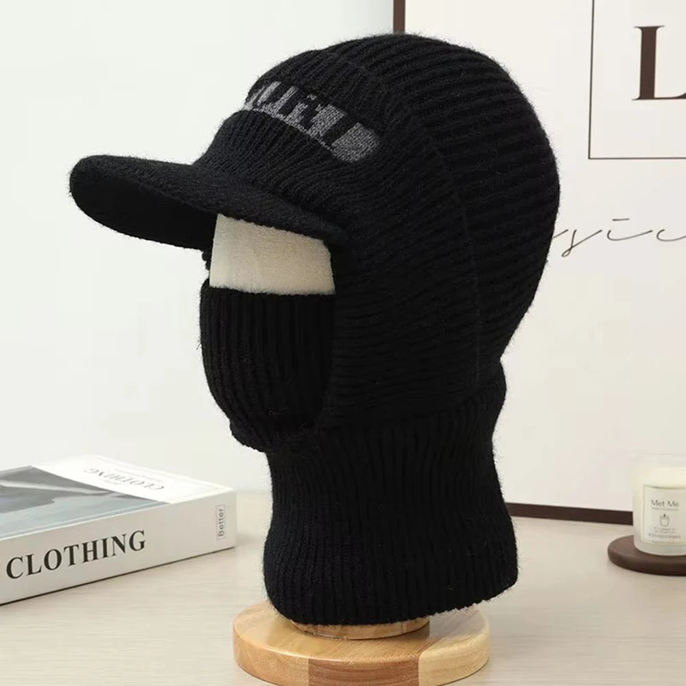 Winter Knitted Hat For Men Women With Ear Protection Integrated Mask Scarf  Couples Windproof Warm Headgear Travel Hat Black