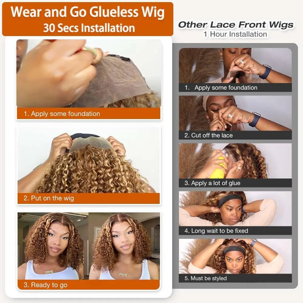 Deep Wave Honey Blonde Glueless Bob Wigs Human Hair Pre Plucked Pre Cut Highlight Wear and Go Curly Wigs Ombre HD Lace Front Wig Beauty hair & fashionfj