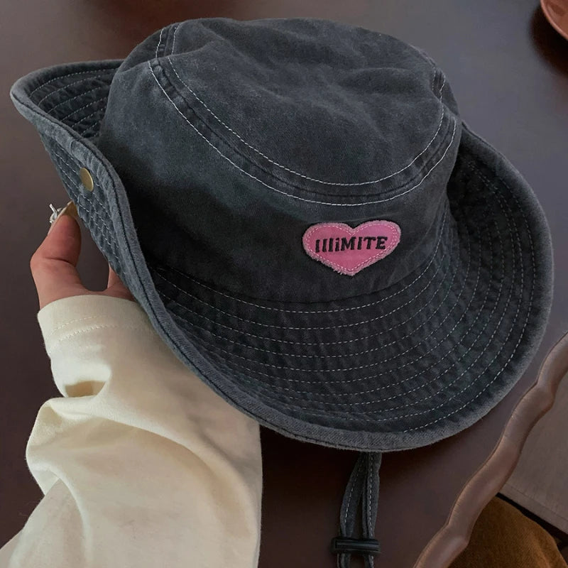Japanese Retro Washed Cowboy Hats for Women Spring and Summer Outdoor Camping Sun Protection Sweet Pink Love Bucket Caps Beauty hair & fashionfj