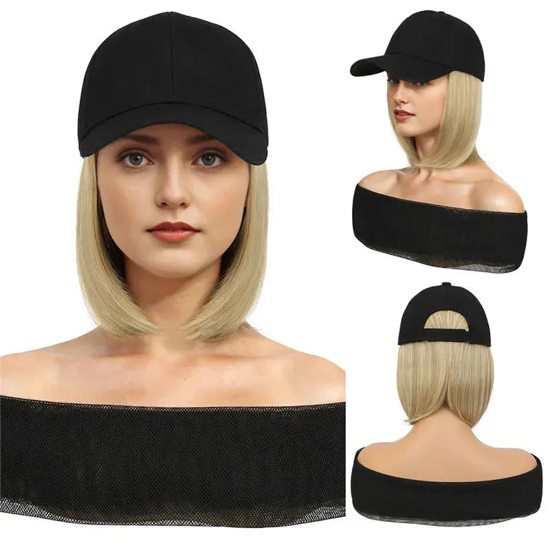 Fashion 8inch Hat Wigs Black Golden Synthetic Short Bob Straight Wig With White Black Baseball Cap Adjustable Hat Wigs For Women Beauty hair & fashionfj