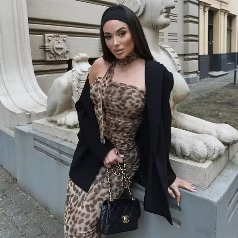 MUJER Leopard Print Tulle Crop Top Woman Ruched Off Shoulder Bandeau Top Women Sleeveless Backless Tube Top Summer Sexy Tops Beauty hair & fashionfj