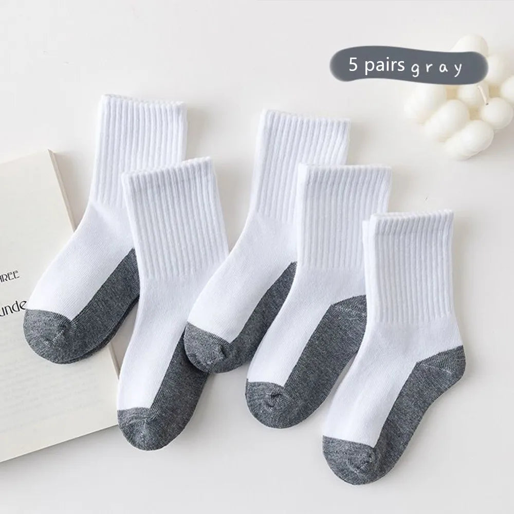 5 pairs of campus student white socks, boys' mid tube socks, mesh socks, breathable, spring and summer sports and leisure socks