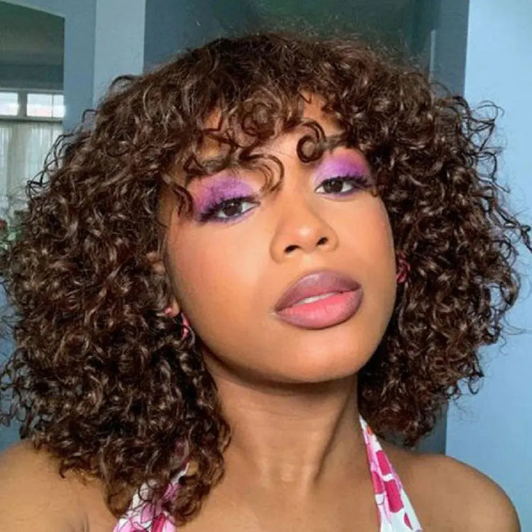 Short Bob Curly Human Hair Wigs Ombre Brazilian Remy Hair WIgs With Bangs Full Machine Made 180% Density Wigs For Black Women Beauty hair & fashionfj