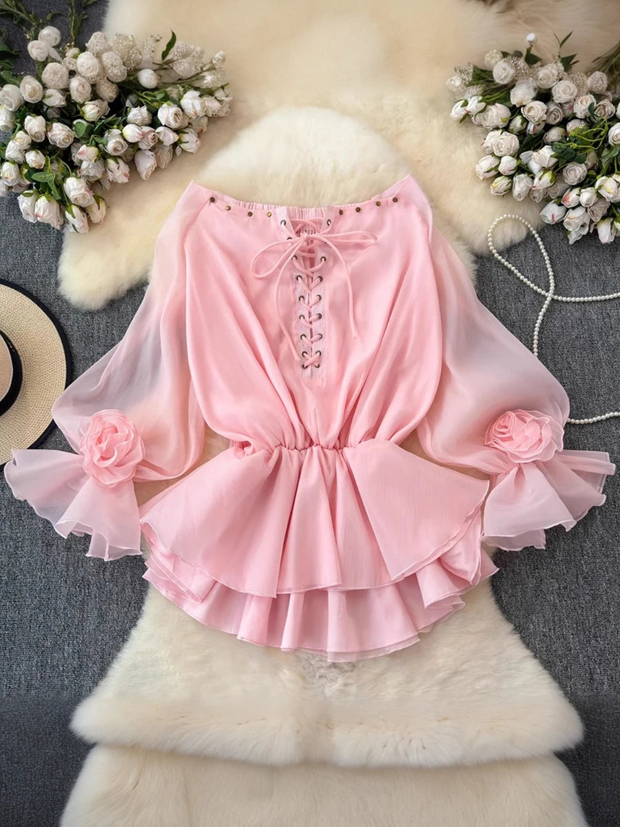 TWOTWINSTYLE Solid Lace Up Loose Dresses For Women Slash Neck Long Sleeve High Waist Designer Mini Dress Female Fashion Style Beauty hair & fashionfj