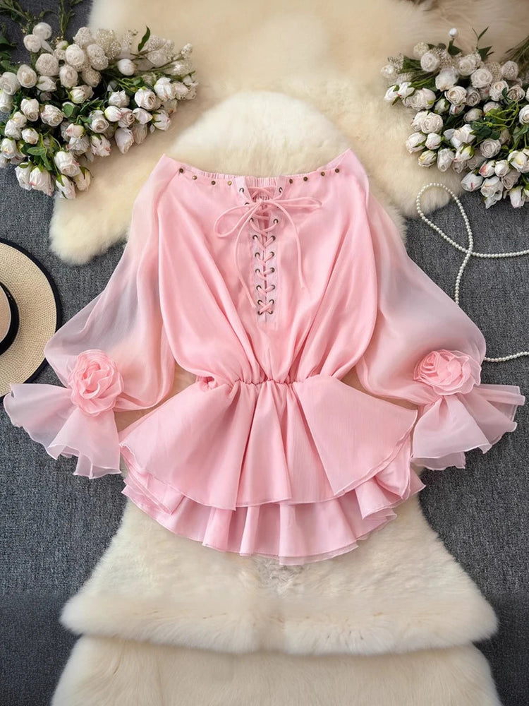 TWOTWINSTYLE Solid Lace Up Loose Dresses For Women Slash Neck Long Sleeve High Waist Designer Mini Dress Female Fashion Style Beauty hair & fashionfj