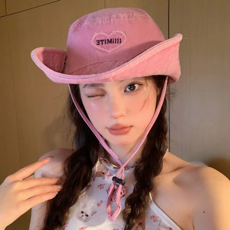 Japanese Retro Washed Cowboy Hats for Women Spring and Summer Outdoor Camping Sun Protection Sweet Pink Love Bucket Caps Beauty hair & fashionfj
