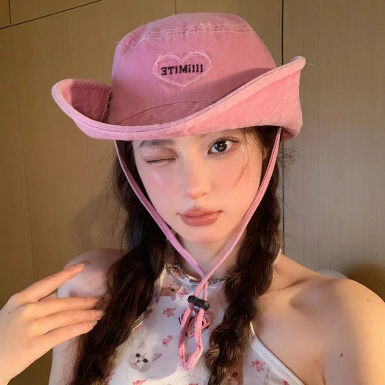 Japanese Retro Washed Cowboy Hats for Women Spring and Summer Outdoor Camping Sun Protection Sweet Pink Love Bucket Caps Beauty hair & fashionfj