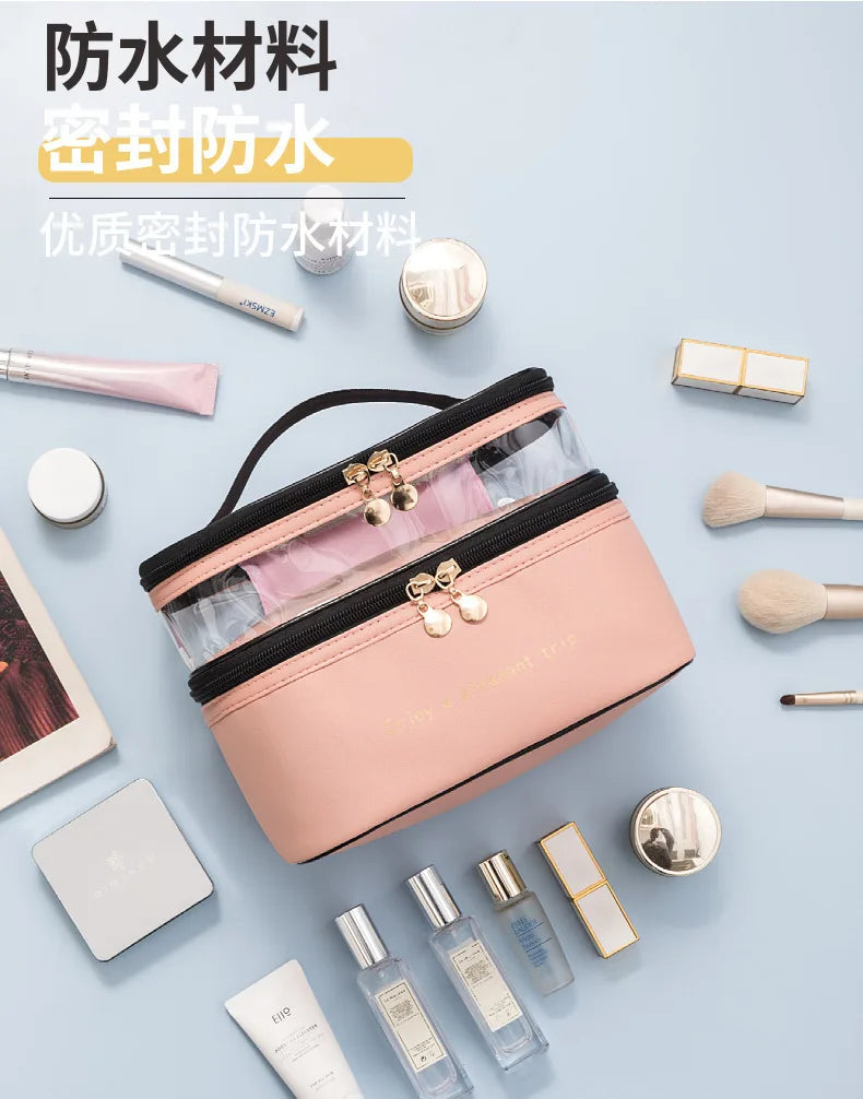 Double makeup bag PU transparent toiletries portable fashion waterproof travel large capacity storage bag