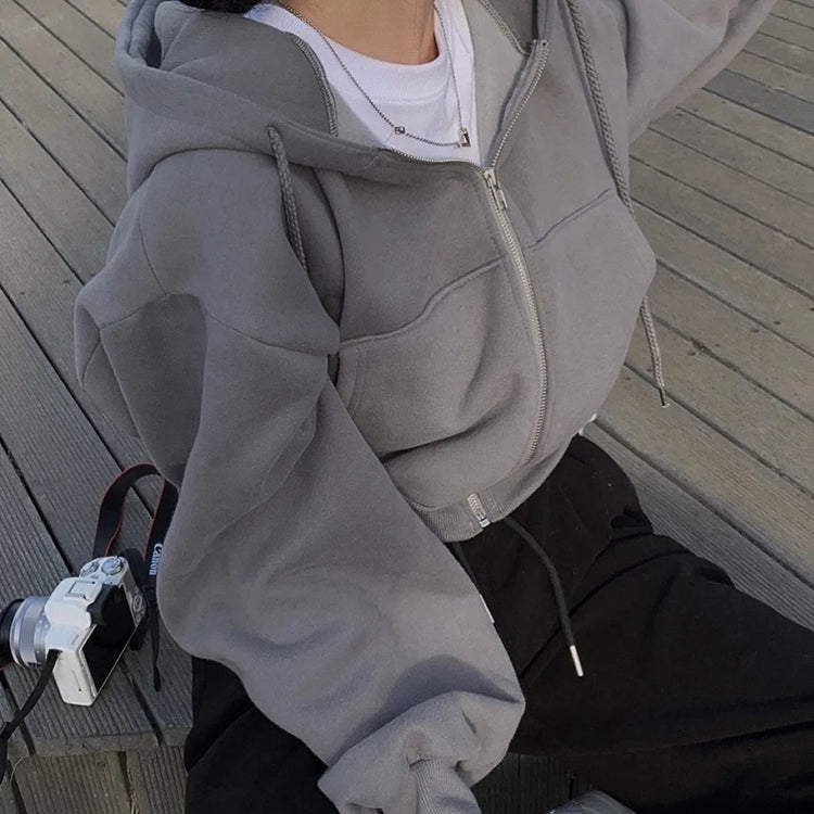 Casual Hood Sweatshirt Women Y2K Zip Up Hoodies Solid Harajuku Long Sleeve Shirt Oversized Crop Tops Female Loose Jackets Coat Beauty hair & fashionfj
