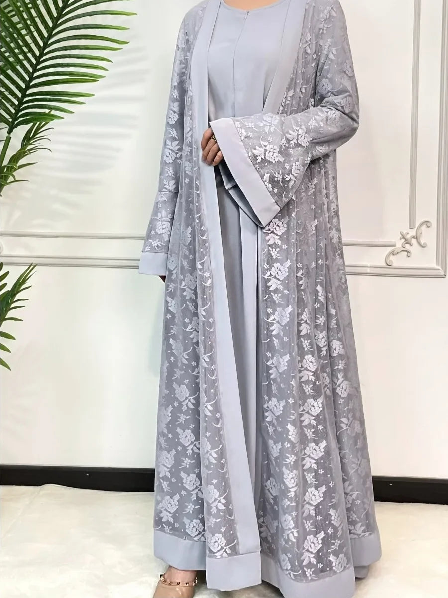 Ramadan Eid Prayer Lace Abaya 2 Piece Set Inner Dress Women Flare Sleeve Long Abayas Kaftan Djellaba Dubai Party Vestidos 2024 Beauty hair & fashionfj
