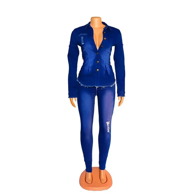 Casual Denim 2 Piece Set Jeans Suit Women Blue Long Sleeve Jeans Jacket Long Pants Slim Tracksuit Outfits 2024 Spring Autumn Beauty hair & fashionfj