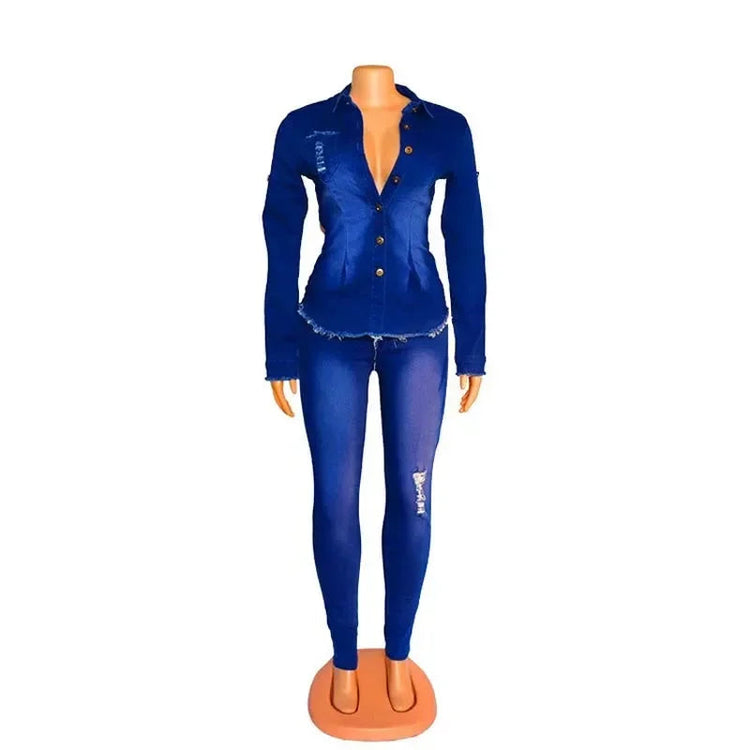Casual Denim 2 Piece Set Jeans Suit Women Blue Long Sleeve Jeans Jacket Long Pants Slim Tracksuit Outfits 2024 Spring Autumn Beauty hair & fashionfj