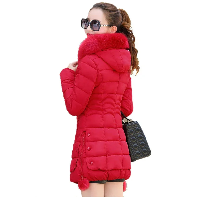 Winter Jacket Women 2025 winter coat pure color casual Fur Collar Hooded long hooded cotton lady jacket