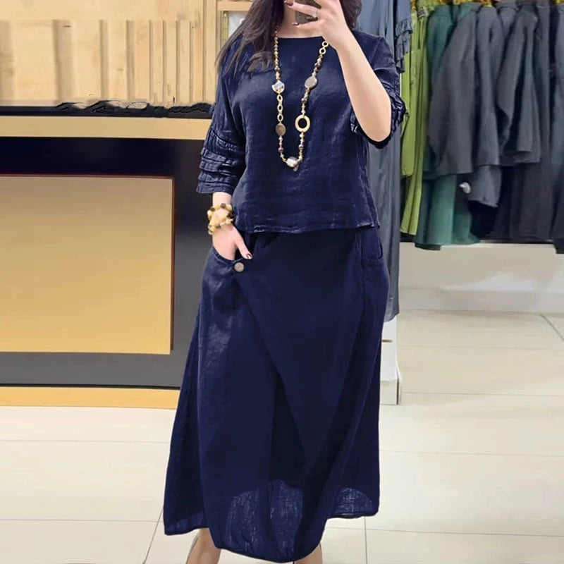 Casual O Neck Top Pullover & A-Line Skirts Cotton Linen Set Woman 2 Pieces Beauty hair & fashionfj