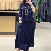 Casual O Neck Top Pullover & A-Line Skirts Cotton Linen Set Woman 2 Pieces Beauty hair & fashionfj