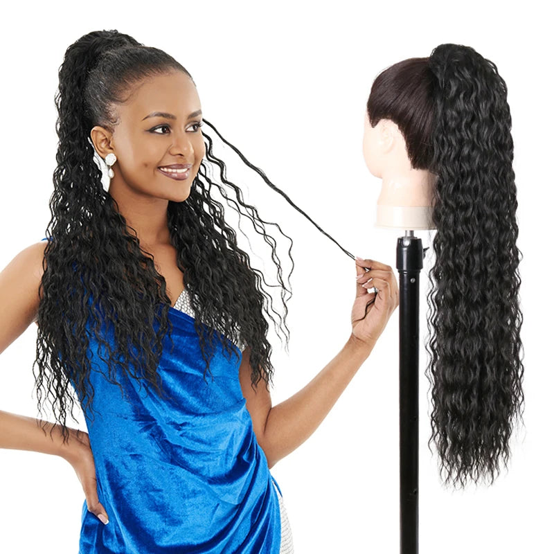Julianna Synthetic Kanekalon Black Drawstring Water Wave Ponytail Extension Female Curly Wavy Clip In Ponytail Hair Extension