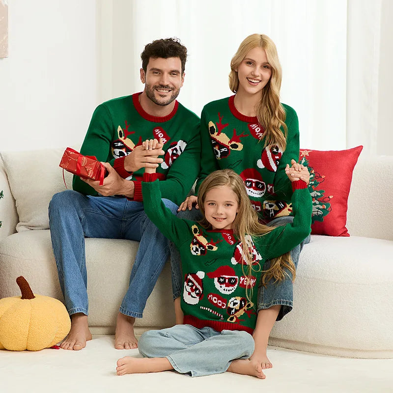 Christmas Family Look Sweater Full Sleeve O Neck Knitwear Cartoon Cute Jacquard Jumpers Parent-child Matching Outfits Xmas Wear